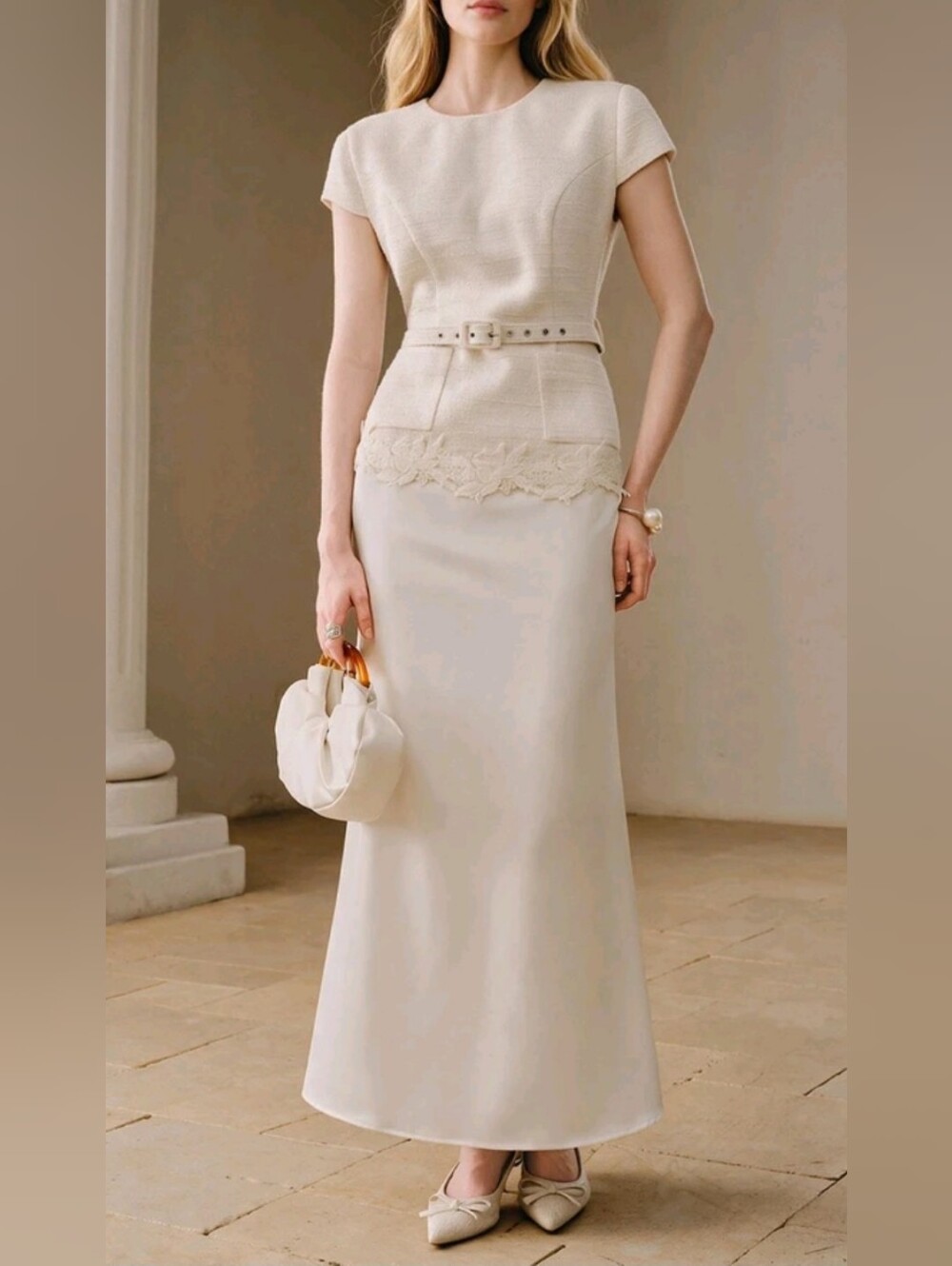 New Luxe Textured Lace Top Dress Belted Ivory Cream Beige
